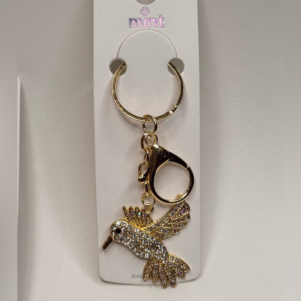 Mint Sparkling Bird Keychain with Clear Crystals and Gold Accents BAG CHARM